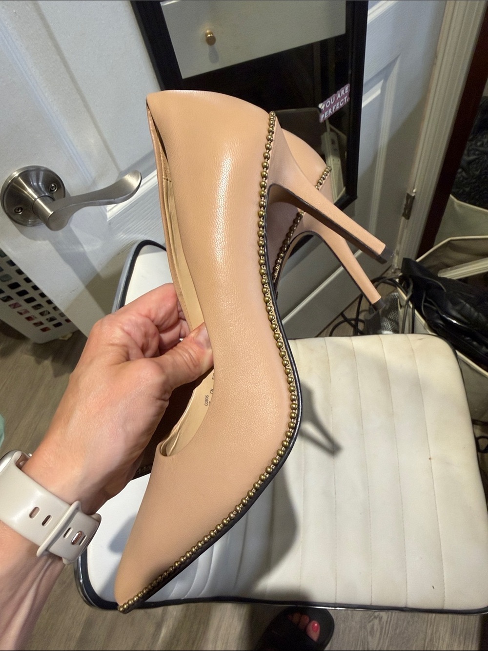 Coach Nude Leather Pointed-Toe Pumps with Gold Bead Trim - Picture 6 of 6